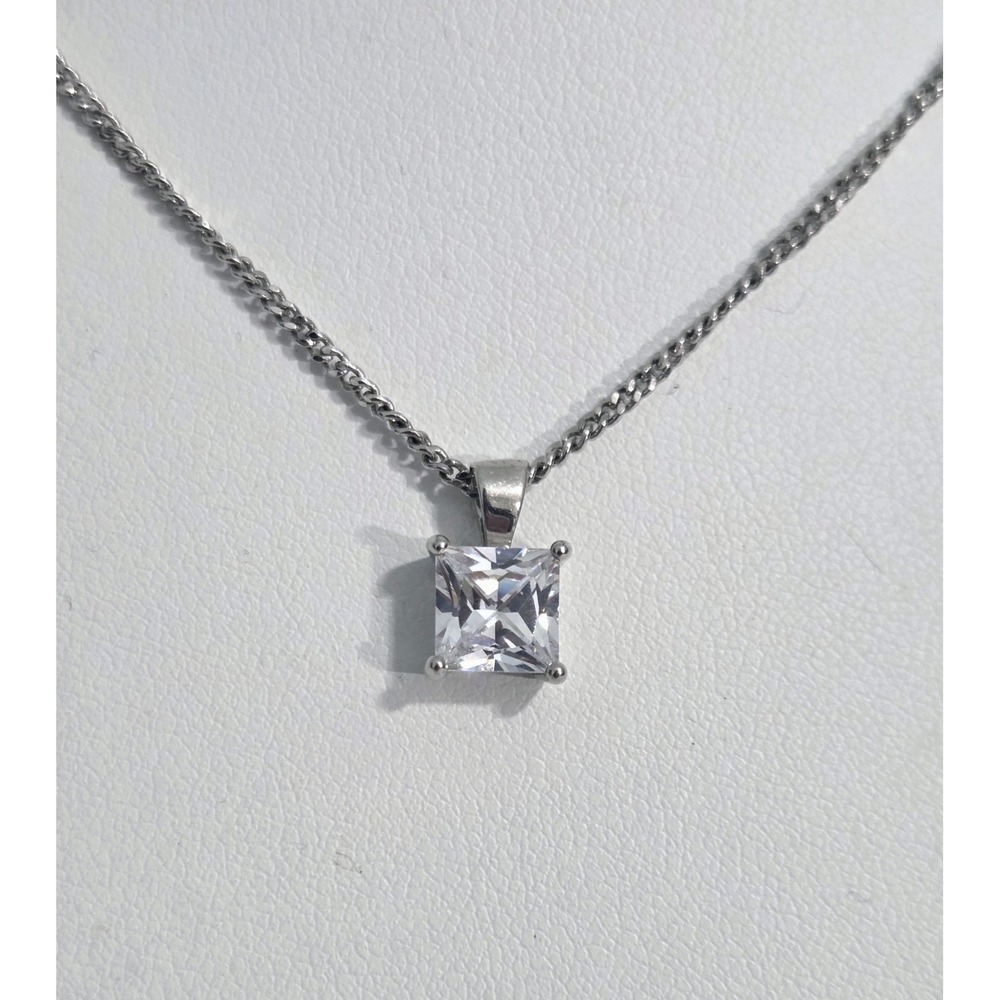 M&S Marks & Spencer Necklace Silver Tone Chain &‎ Cubic Zirconia Princess Cut
